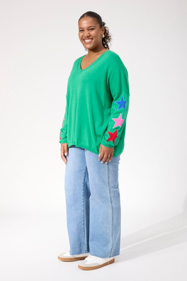 HAVEN VERMONT STAR V NECK JUMPER - GREEN