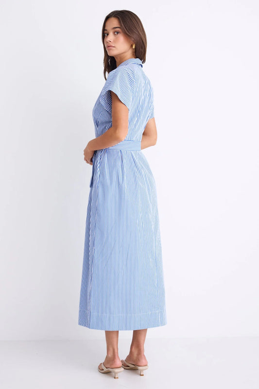 AMONG THE BRAVE CAMDEN MIDI SHIRT DRESS - BRIGHT BLUE STRIPE