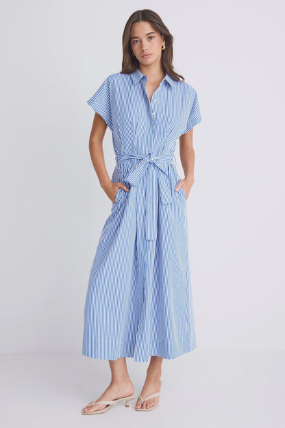 AMONG THE BRAVE CAMDEN MIDI SHIRT DRESS - BRIGHT BLUE STRIPE