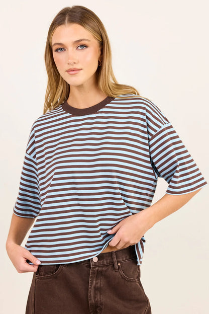 STORIES BE TOLD - COHESION BOXY SS TEE - ICE BLUE CHOCOLATE STRIPE