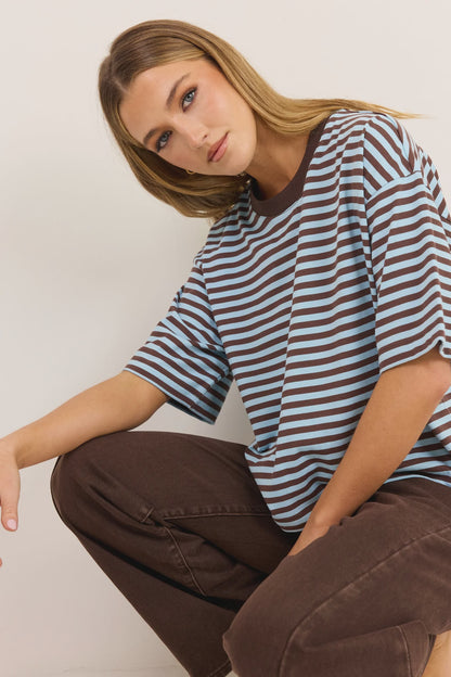 STORIES BE TOLD - COHESION BOXY SS TEE - ICE BLUE CHOCOLATE STRIPE