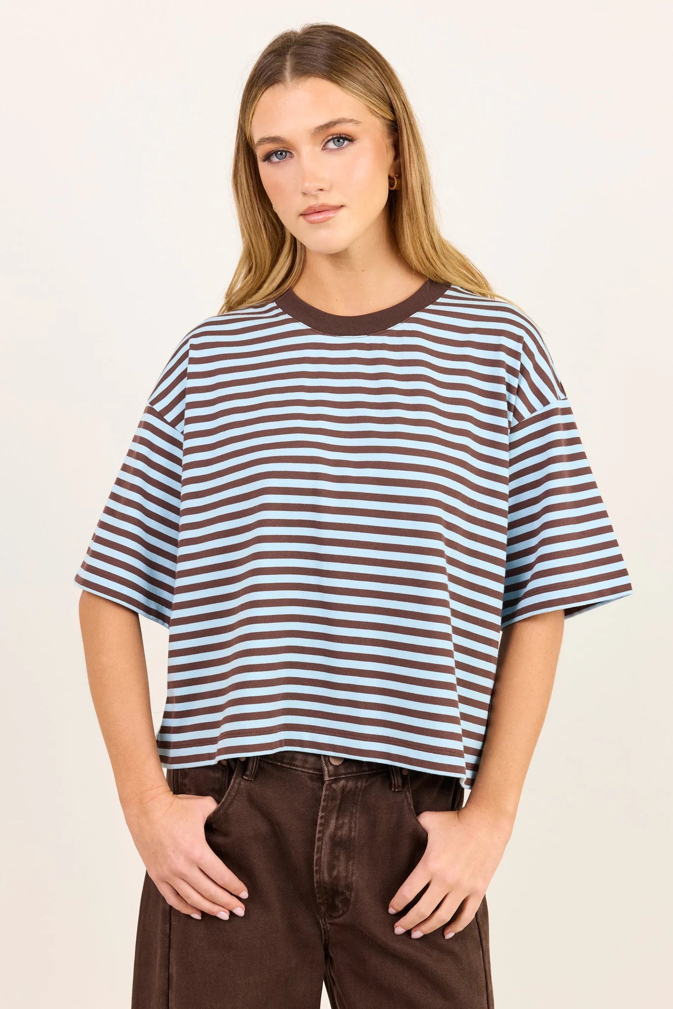 STORIES BE TOLD - COHESION BOXY SS TEE - ICE BLUE CHOCOLATE STRIPE