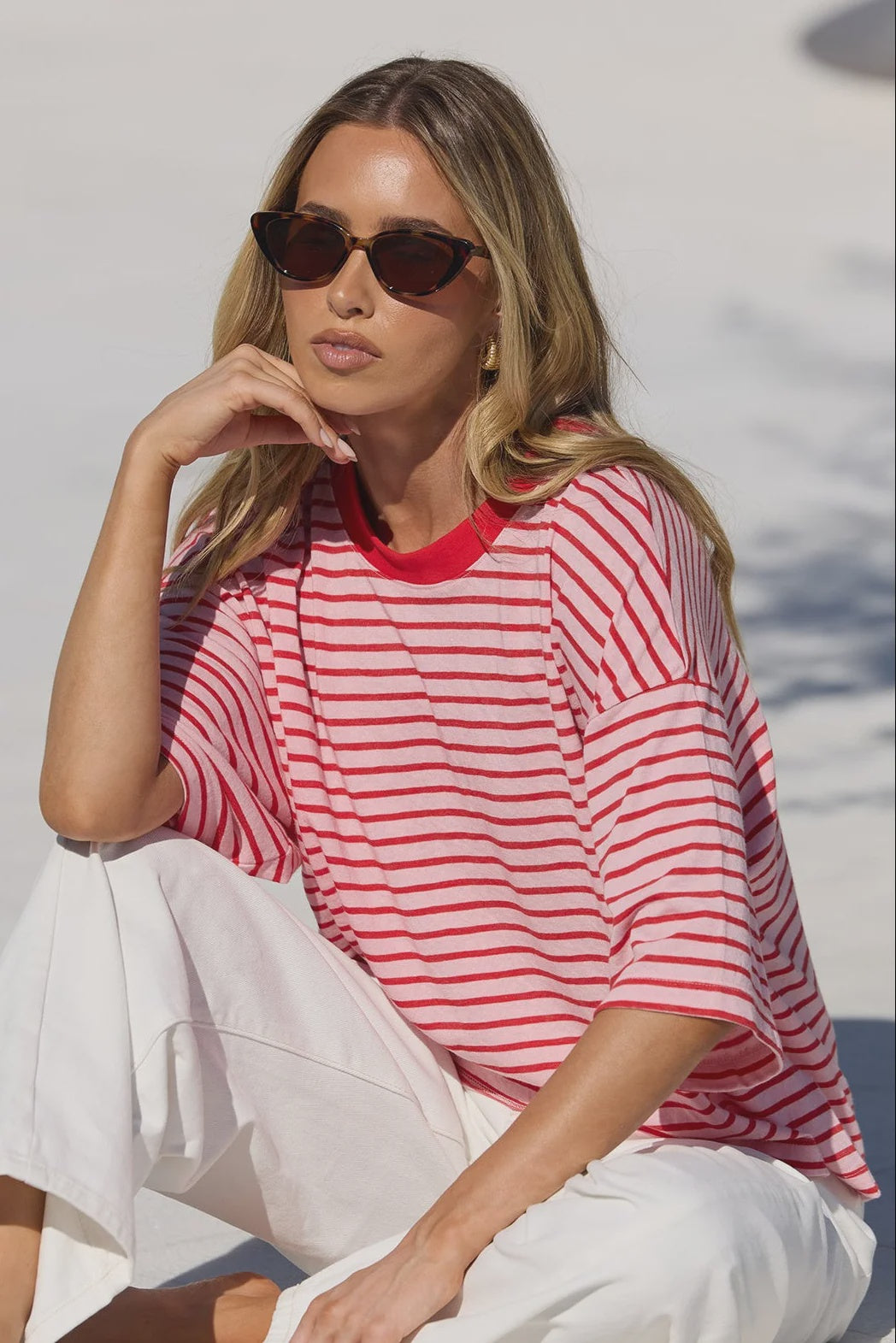 STORIES BE TOLD - COHESION BOXY SS TEE - PINK RED STRIPE