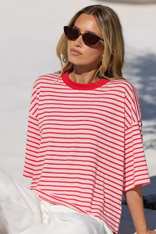STORIES BE TOLD - COHESION BOXY SS TEE - PINK RED STRIPE