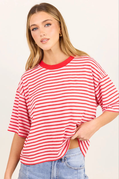 STORIES BE TOLD - COHESION BOXY SS TEE - PINK RED STRIPE