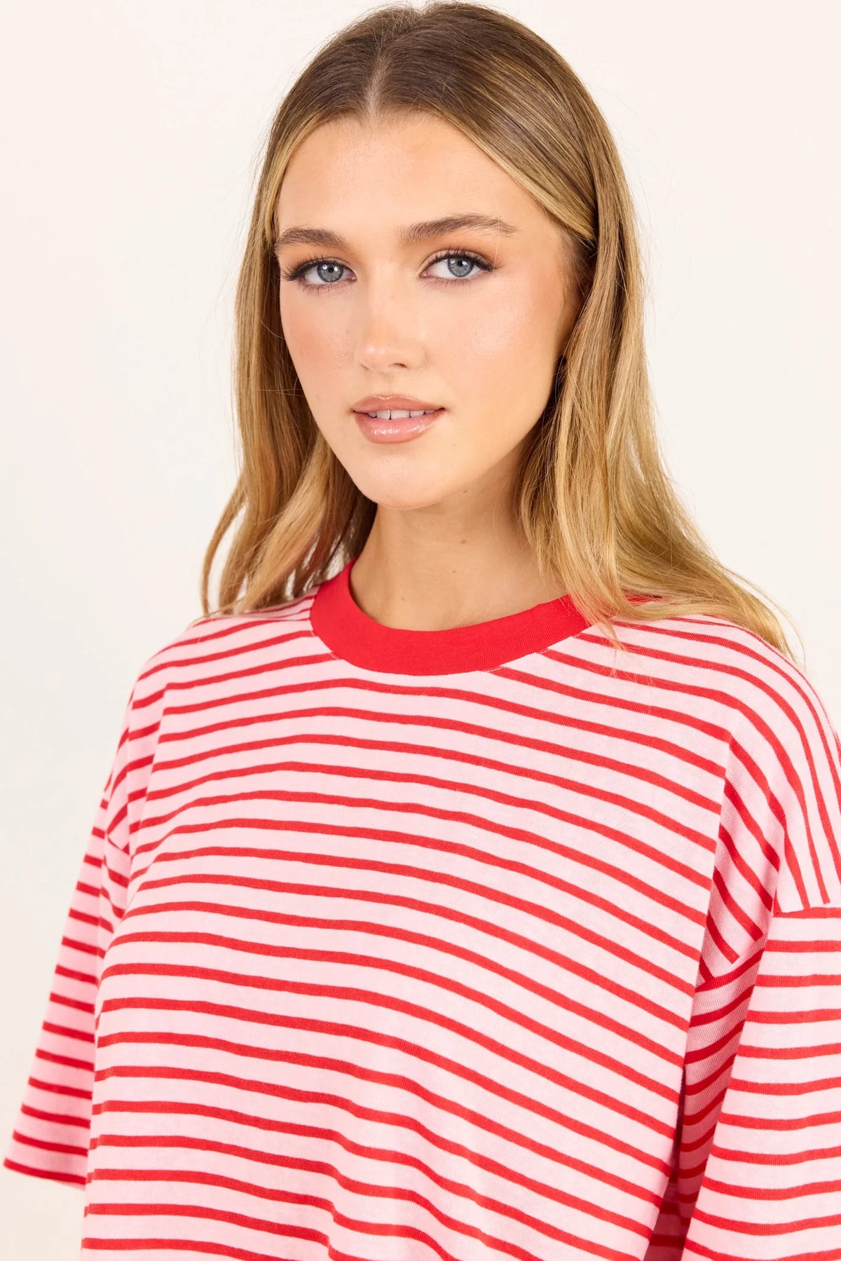 STORIES BE TOLD - COHESION BOXY SS TEE - PINK RED STRIPE