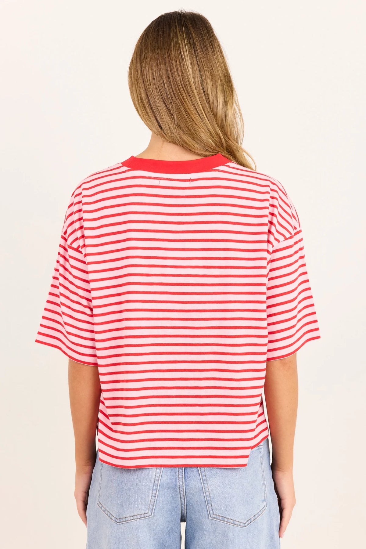 STORIES BE TOLD - COHESION BOXY SS TEE - PINK RED STRIPE