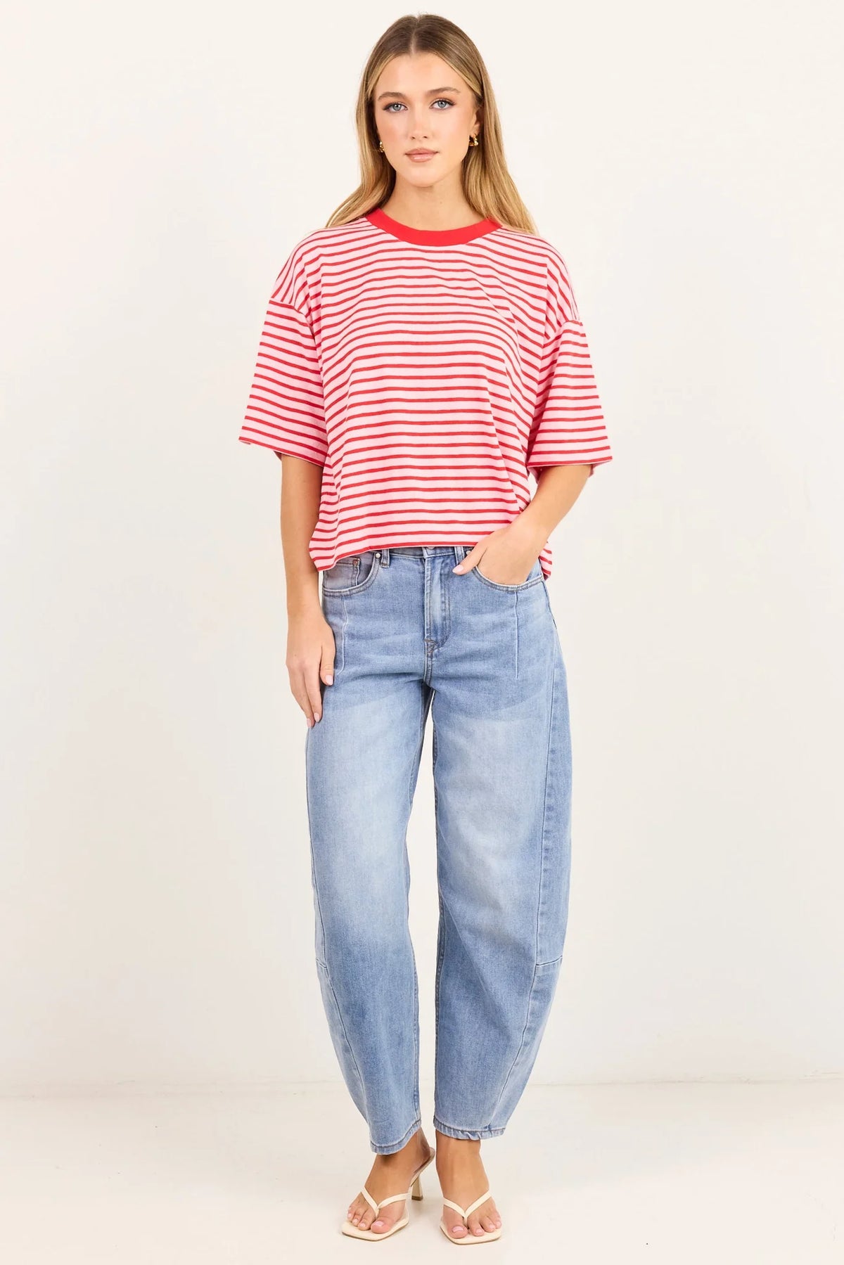 STORIES BE TOLD - COHESION BOXY SS TEE - PINK RED STRIPE
