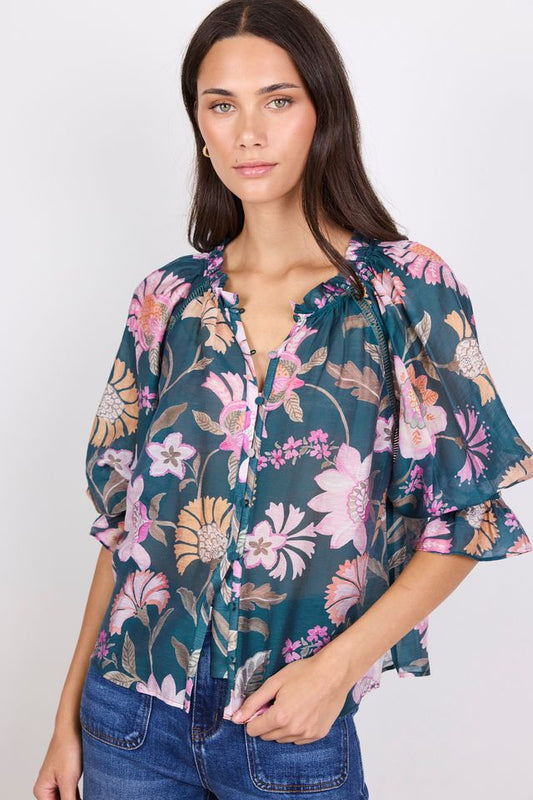 BY ROSA ENCOUNTER BUTTON TOP - PETROL SCARF PRINT