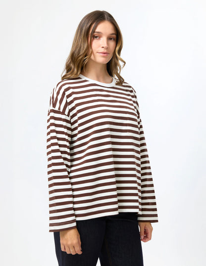 STELLA & GEMMA DROP SHOULDER TEE - CHOC STRIPE