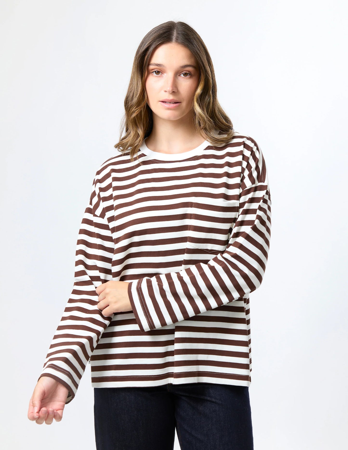 STELLA & GEMMA DROP SHOULDER TEE - CHOC STRIPE