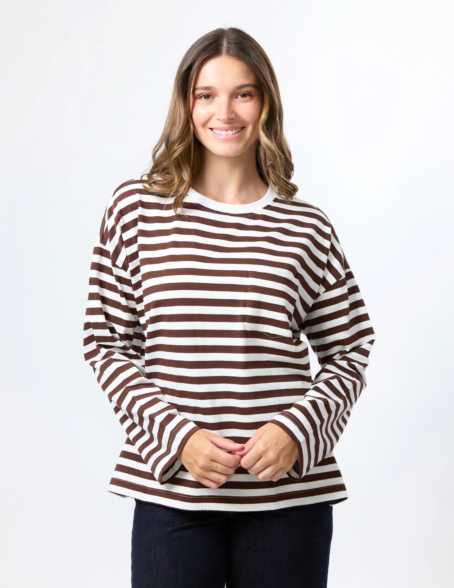 STELLA & GEMMA DROP SHOULDER TEE - CHOC STRIPE