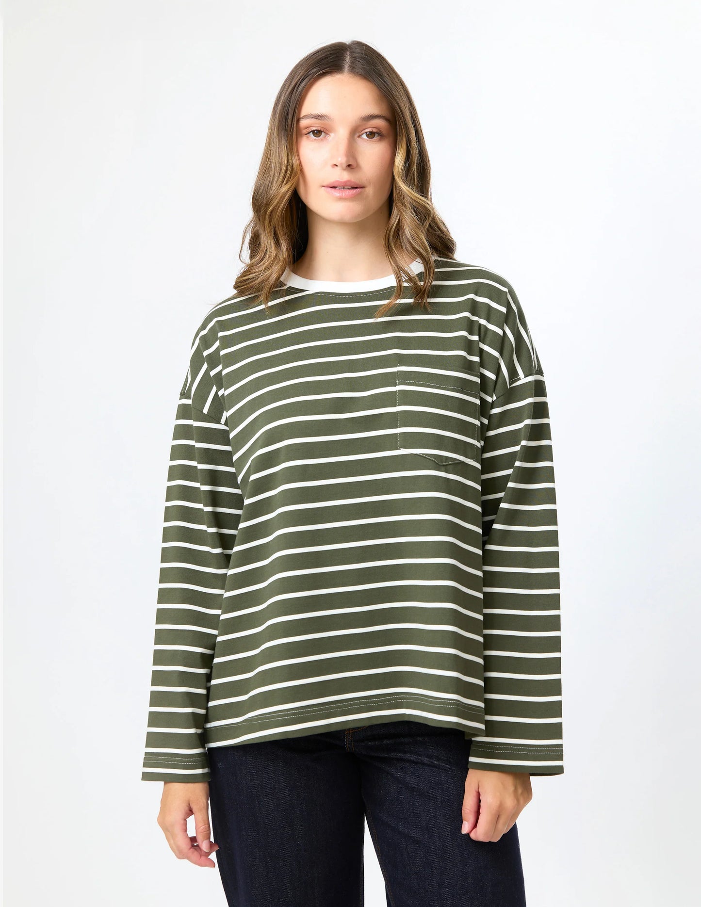 STELLA & GEMMA DROP SHOULDER TEE - KHAKI STRIPE