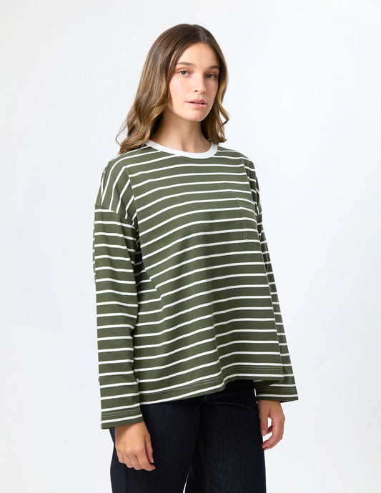STELLA & GEMMA DROP SHOULDER TEE - KHAKI STRIPE