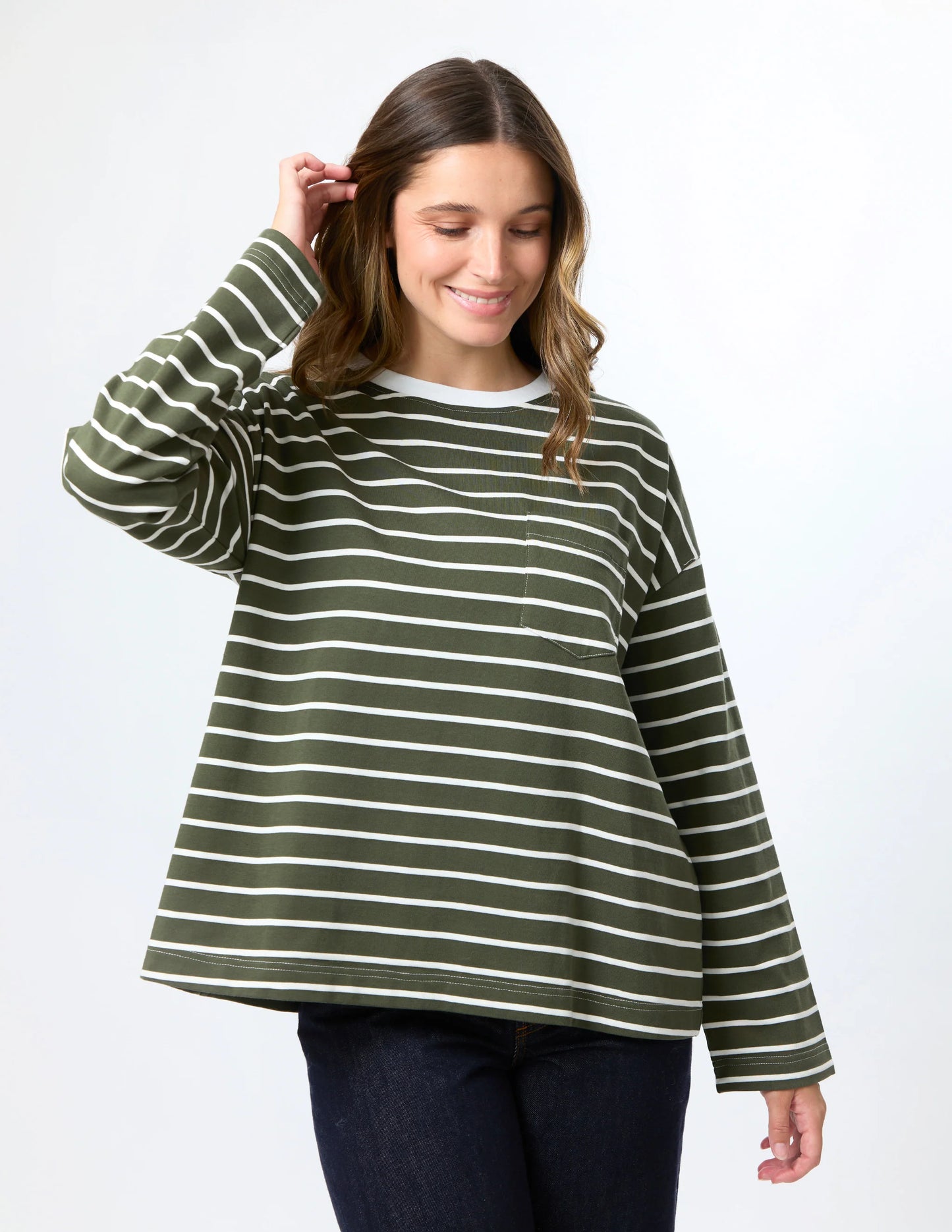 STELLA & GEMMA DROP SHOULDER TEE - KHAKI STRIPE