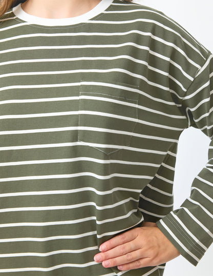 STELLA & GEMMA DROP SHOULDER TEE - KHAKI STRIPE