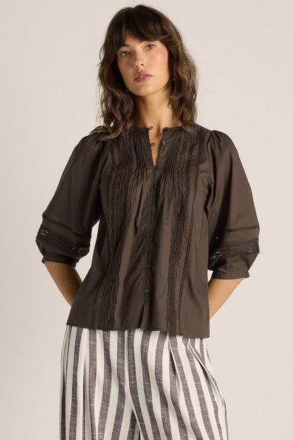 FATE + BECKER FREYA LACE TRIM BLOUSE - CHOCOLATE