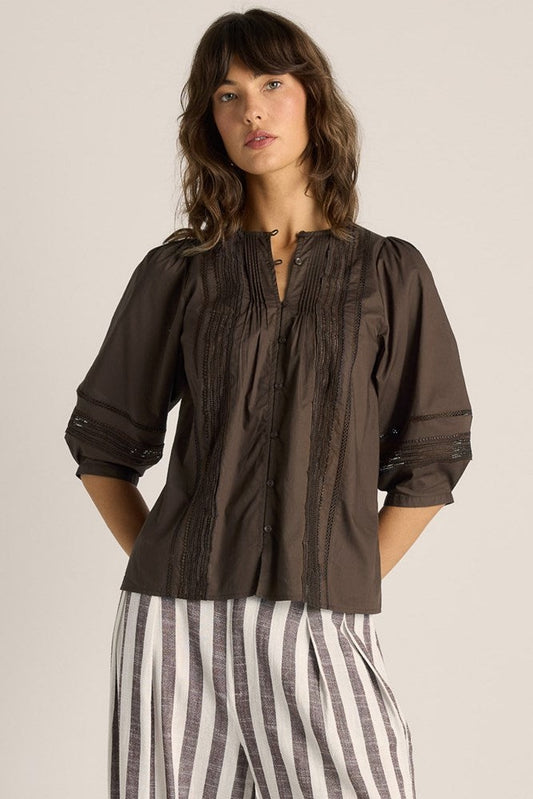 FATE + BECKER FREYA LACE TRIM BLOUSE - CHOCOLATE
