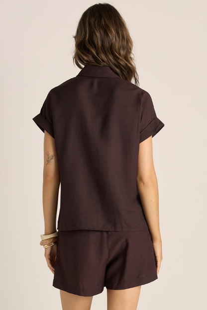 FATE + BECKER BRONTE TIE SHIRT - CHOCOLATE BROWN