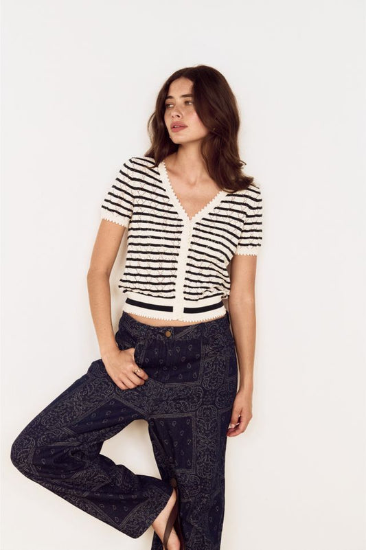 MINK PINK CALLA KNIT CARDI - TEAL/IVORY STRIPE