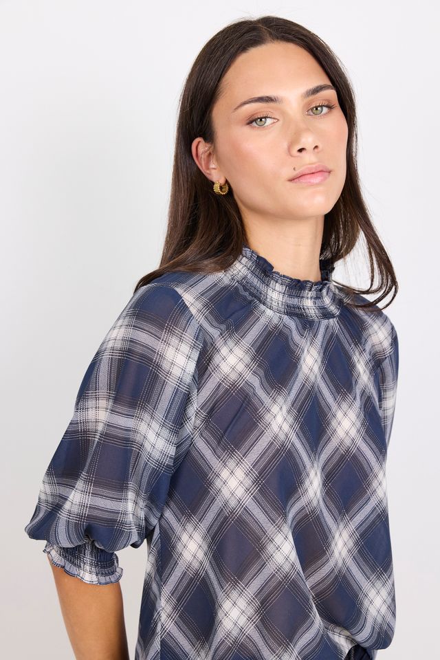 IVY & JACK AFFIRMING SS TOP - NAVY CHECK CHIFFON