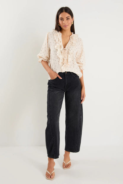 IVY & JACK GARNISH MID SLEEVE TOP - CREAM BLACK SPOT