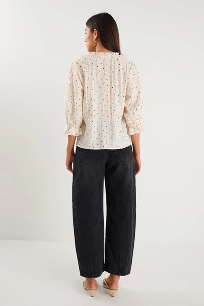 IVY & JACK GARNISH MID SLEEVE TOP - CREAM BLACK SPOT