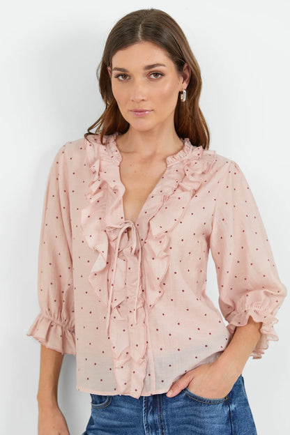 IVY & JACK GARNISH MID SLEEVE TOP - BLUSH POLKA DOT