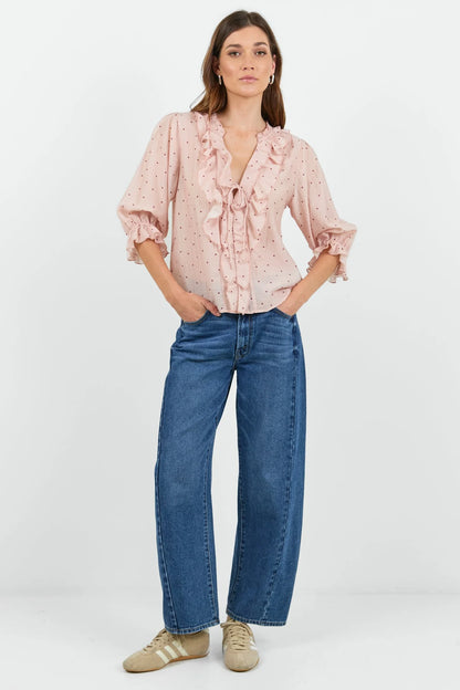 IVY & JACK GARNISH MID SLEEVE TOP - BLUSH POLKA DOT