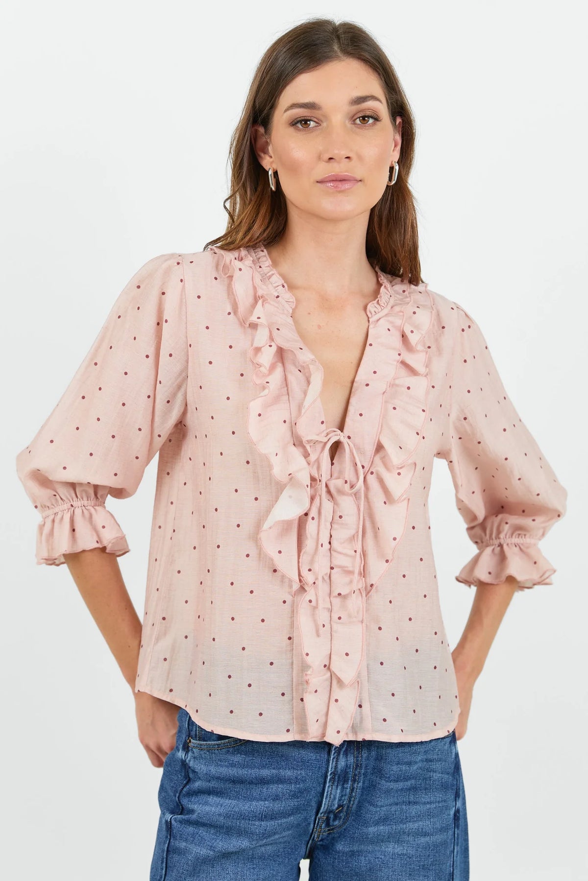 IVY & JACK GARNISH MID SLEEVE TOP - BLUSH POLKA DOT