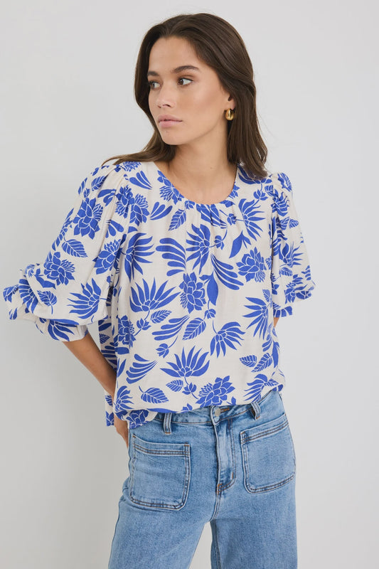 BY ROSA JUSTIFY BLOUSON SLEEVE TOP - BLUE LOTUS