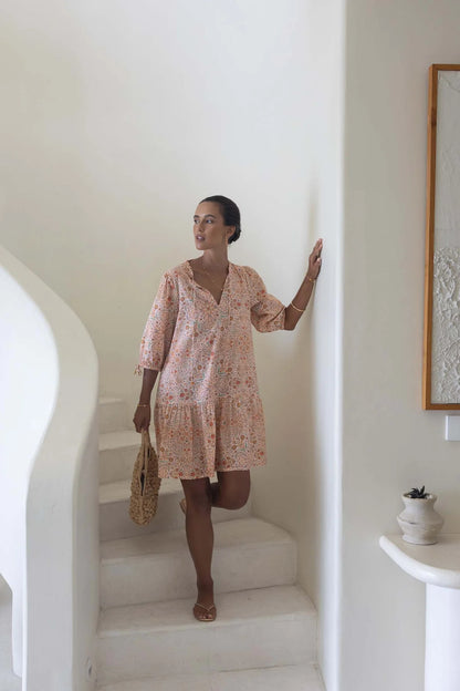 HUMIDITY LIFESTYLE RUMI SMOCK DRESS - ALMOND PRINT