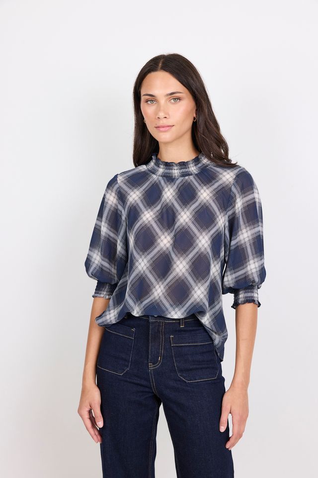 IVY & JACK AFFIRMING SS TOP - NAVY CHECK CHIFFON