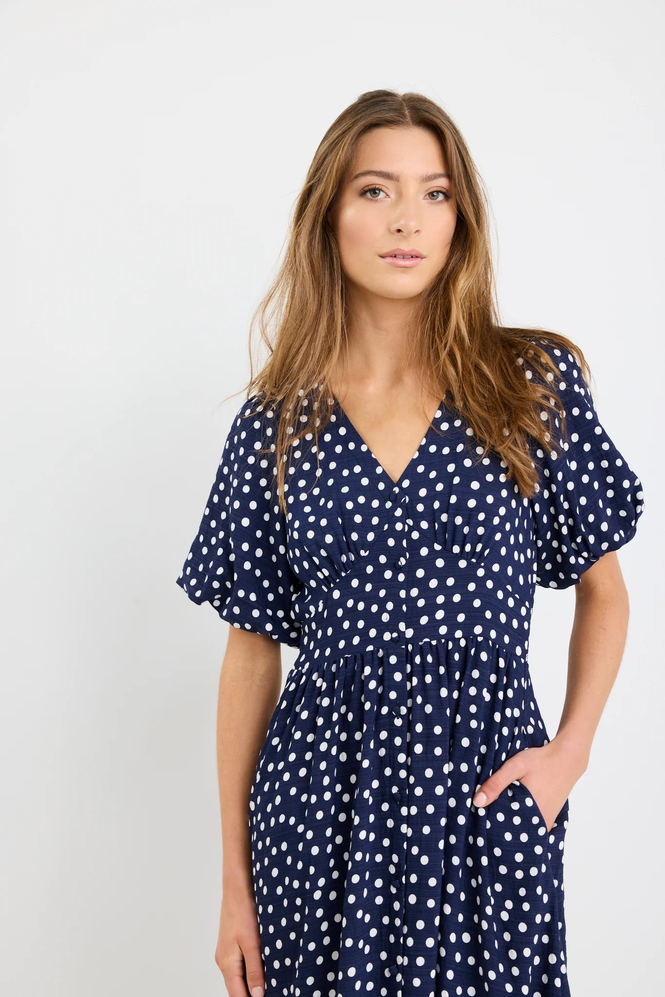 STORIES TO BE TOLD - LISBON MIDI DRESS - NAVY POLKA DOT