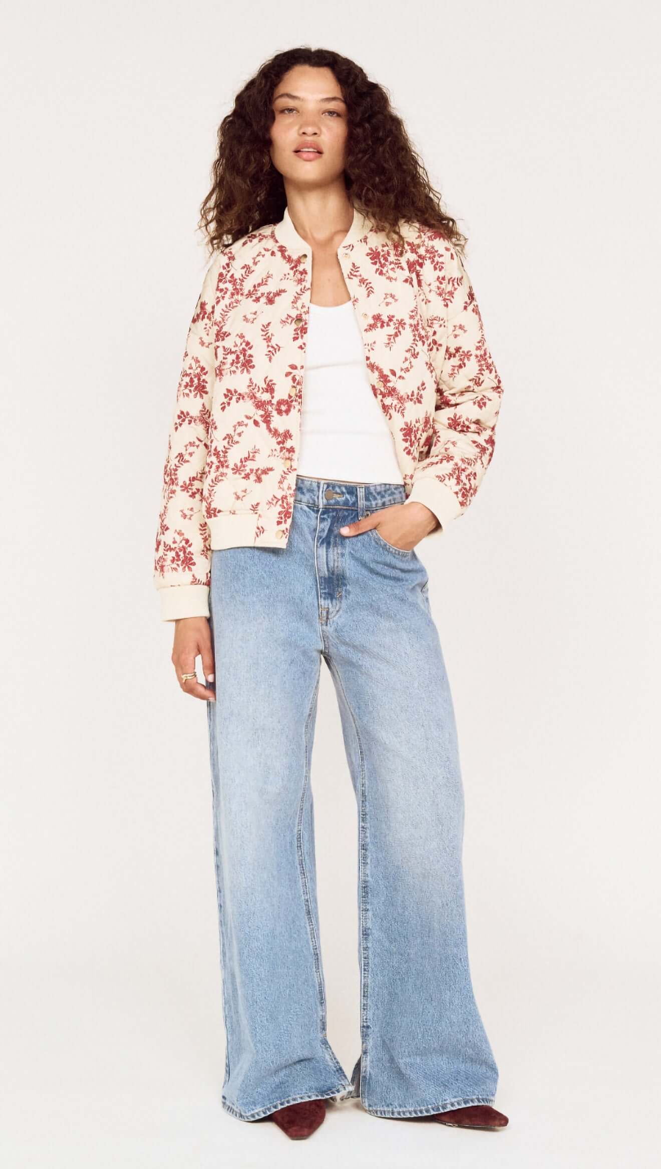 MINK PINK LEONA PUFFER JACKET - WINE/CREAM FLORAL