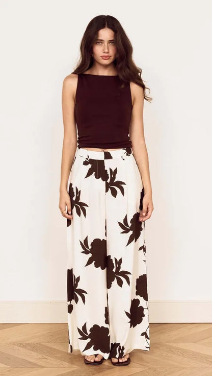 MINK PINK ELODIE WIDE LEG PANT - CHOCOLATE FLORAL