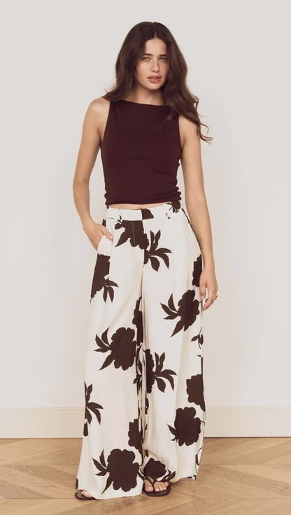 MINK PINK ELODIE WIDE LEG PANT - CHOCOLATE FLORAL