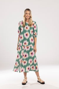 MI MOSO FINLEY TOP - GREEN & PINK PRINT