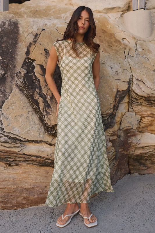 IVY & JACK RELAY MAXI DRESS - AVOCADO CHECK CHIFFON