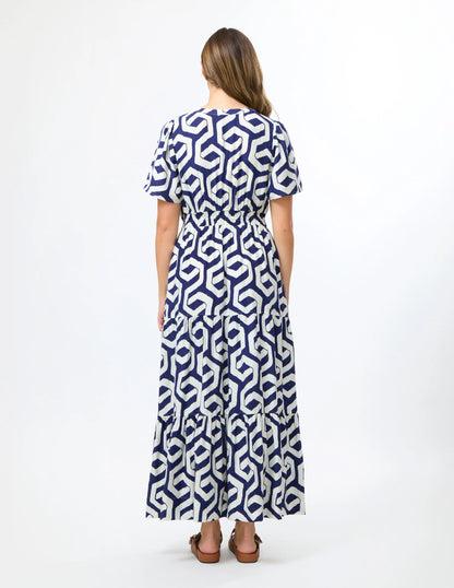 STELLA & GEMMA VITTORIA DRESS - INDIGO GEOGRAPHIC