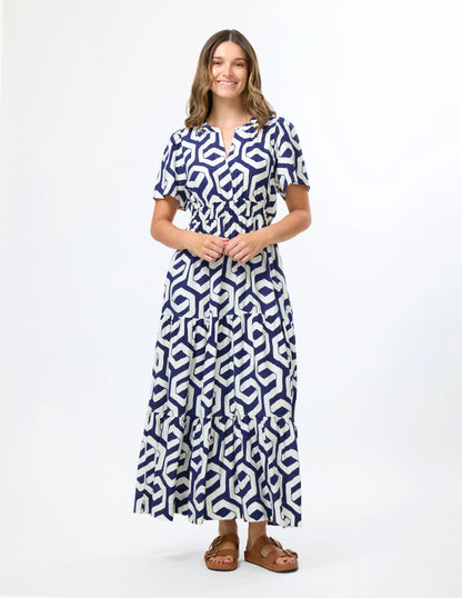 STELLA & GEMMA VITTORIA DRESS - INDIGO GEOGRAPHIC