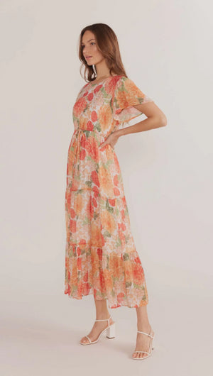 MINK PINK AIDA FLUTTER SLEEVE MIDI DRESS - APRICOT FLORAL - MG2404451