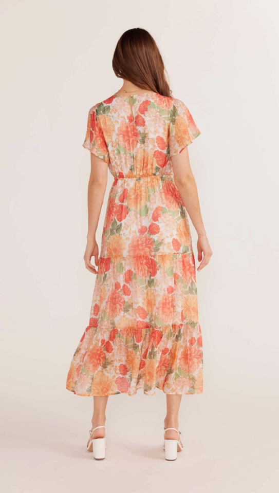 MINK PINK AIDA FLUTTER SLEEVE MIDI DRESS - APRICOT FLORAL - MG2404451