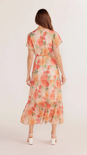 MINK PINK AIDA FLUTTER SLEEVE MIDI DRESS - APRICOT FLORAL - MG2404451