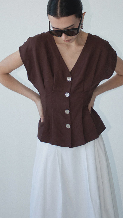 STAPLE THE LABEL RHODES V-NECK TOP - CHOCOLATE