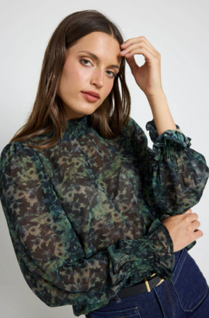IVY & JACK EMPHATIC L/S SHIRRED NECK TOP - KHAKI DITSY PRINT