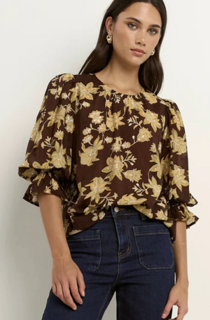 IVY & JACK CANDID FLORAL S/S TOP - CHOCOLATE KHAKI FLORAL