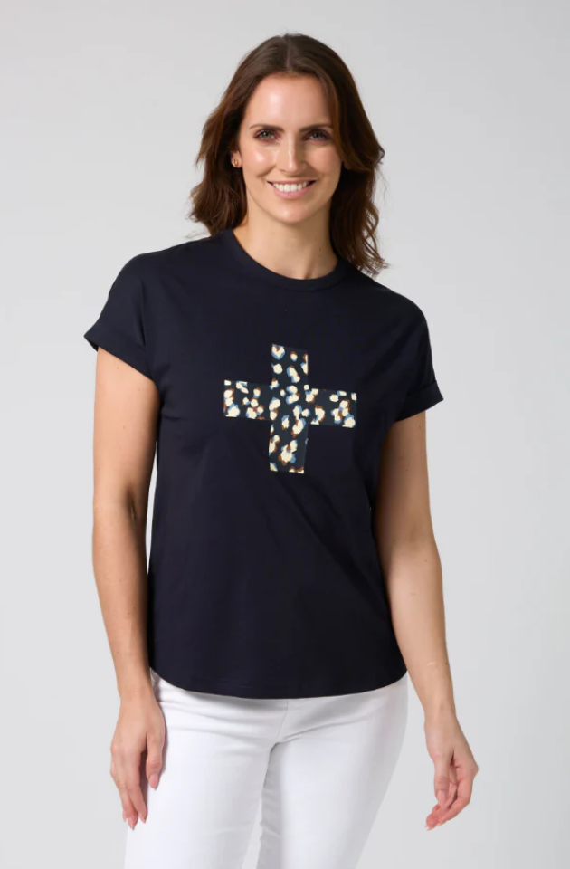STELLA & GEMMA SOHO CUFF TEE - DEEP NAVY LEOPARD CROSS - SGTS3568   COMING SOON / PRE-ORDER