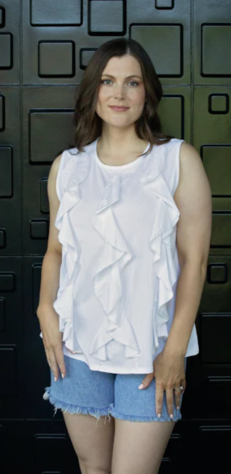 WHITE ON BLACK RUFFLE SINGLET - WHITE - PHS-2063