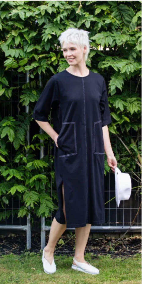 WHITE ON BLACK TOPSTITCH DRESS - BLACK - PHS-2066